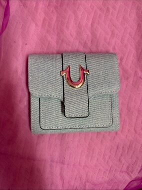 True Religion Light Blue Denim Wallet with Gold U Accent
